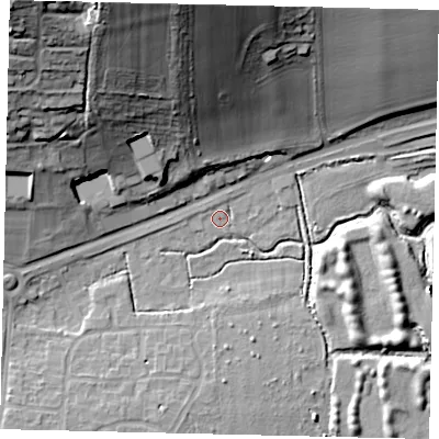 Shaded relief map of the ground around BN150QZ, computed from Environment Agency LiDAR. The ground here sits at about 2 m above sea level and falls 40 m across the surrounding 800 m. Surface water reaching this point runs off ground lying to the north-west, 39.5 m higher.