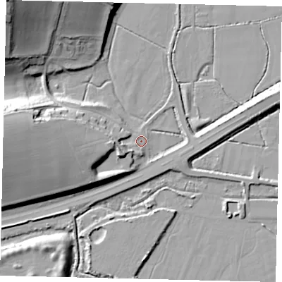 Shaded relief map of the ground around BN150RJ, computed from Environment Agency LiDAR. The ground here sits at about 3 m above sea level and falls 34 m across the surrounding 800 m. Surface water reaching this point runs off ground lying to the west, 15.0 m higher.