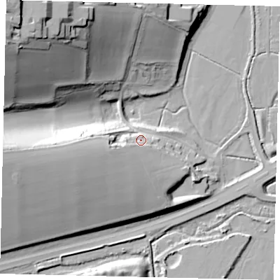 Shaded relief map of the ground around BN150RN, computed from Environment Agency LiDAR. The ground here sits at about 12 m above sea level and falls 50 m across the surrounding 800 m. Surface water reaching this point runs off ground lying to the west, 16.5 m higher.