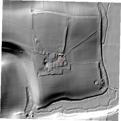 Shaded relief map of the ground around BN150RP, computed from Environment Agency LiDAR. The ground here sits at about 33 m above sea level and falls 49 m across the surrounding 800 m. Surface water reaching this point runs off ground lying to the west-north-west, 15.2 m higher.