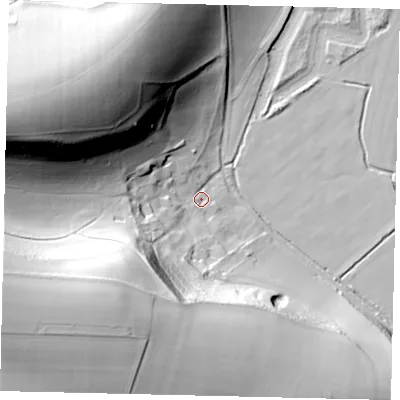 Shaded relief map of the ground around BN150RS, computed from Environment Agency LiDAR. The ground here sits at about 5 m above sea level and falls 70 m across the surrounding 800 m. Surface water reaching this point runs off ground lying to the west-south-west, 66.3 m higher.