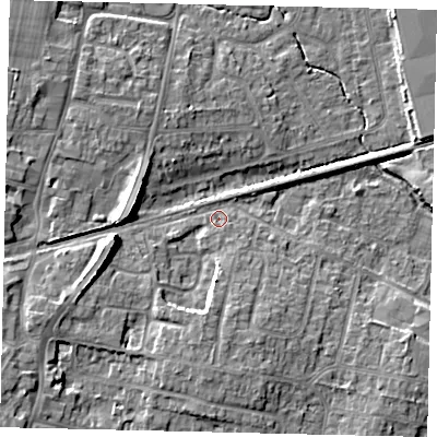 Shaded relief map of the ground around BN158DA, computed from Environment Agency LiDAR. The ground here sits at about 4 m above sea level and falls 10 m across the surrounding 800 m. Surface water reaching this point runs off ground lying to the west-south-west, 7.5 m higher.