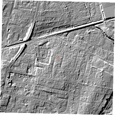 Shaded relief map of the ground around BN158DB, computed from Environment Agency LiDAR. The ground here sits at about 7 m above sea level and falls 10 m across the surrounding 800 m. Surface water reaching this point runs off ground lying to the south-south-west, 2.0 m higher.