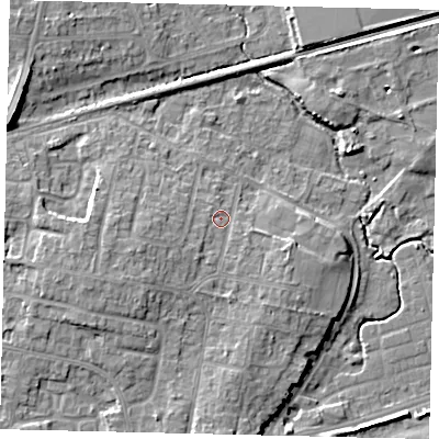 Shaded relief map of the ground around BN158DD, computed from Environment Agency LiDAR. The ground here sits at about 5 m above sea level and falls 10 m across the surrounding 800 m. Surface water reaching this point runs off ground lying to the west-south-west, 3.6 m higher.