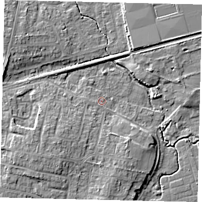 Shaded relief map of the ground around BN158DE, computed from Environment Agency LiDAR. The ground here sits at about 3 m above sea level and falls 9 m across the surrounding 800 m. Surface water reaching this point runs off ground lying to the south-west, 5.5 m higher.