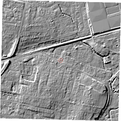 Shaded relief map of the ground around BN158DF, computed from Environment Agency LiDAR. The ground here sits at about 4 m above sea level and falls 11 m across the surrounding 800 m. Surface water reaching this point runs off ground lying to the south-south-west, 4.3 m higher.