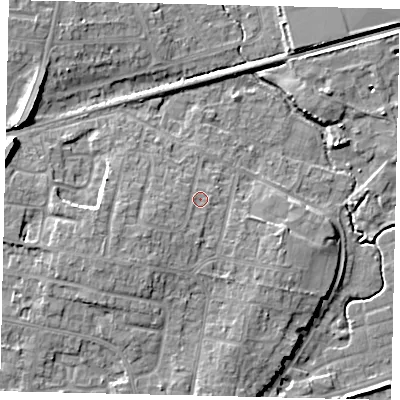 Shaded relief map of the ground around BN158DG, computed from Environment Agency LiDAR. The ground here sits at about 6 m above sea level and falls 11 m across the surrounding 800 m. Surface water reaching this point runs off ground lying to the south-west, 3.0 m higher.