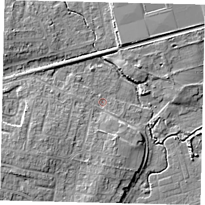 Shaded relief map of the ground around BN158DJ, computed from Environment Agency LiDAR. The ground here sits at about 2 m above sea level and falls 8 m across the surrounding 800 m. Surface water reaching this point runs off ground lying to the west-south-west, 7.6 m higher.
