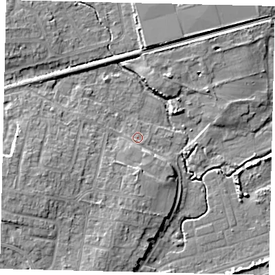 Shaded relief map of the ground around BN158DL, computed from Environment Agency LiDAR. The ground here sits at about 3 m above sea level and falls 8 m across the surrounding 800 m. Surface water reaching this point runs off ground lying to the west-south-west, 1.5 m higher.