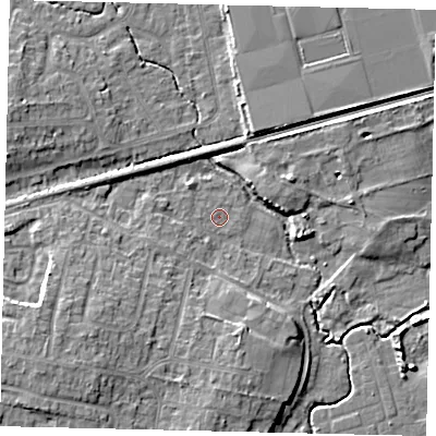 Shaded relief map of the ground around BN158DN, computed from Environment Agency LiDAR. The ground here sits at about 2 m above sea level and falls 8 m across the surrounding 800 m. Surface water reaching this point runs off ground lying to the south-west, 7.6 m higher.