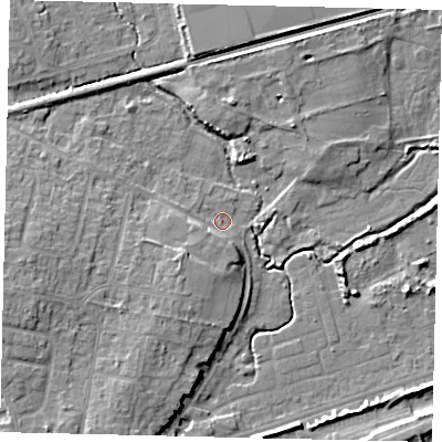 Shaded relief map of the ground around BN158DR, computed from Environment Agency LiDAR. The ground here sits at about 2 m above sea level and falls 8 m across the surrounding 800 m. Surface water reaching this point runs off ground lying to the south-south-west, 4.2 m higher.