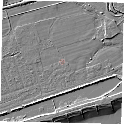Shaded relief map of the ground around BN158DU, computed from Environment Agency LiDAR. The ground here sits at about 2 m above sea level and falls 9 m across the surrounding 800 m. Surface water reaching this point runs off ground lying to the west, 0.5 m higher.
