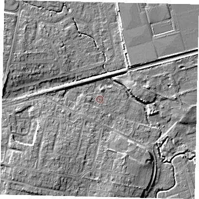 Shaded relief map of the ground around BN158DW, computed from Environment Agency LiDAR. The ground here sits at about 2 m above sea level and falls 9 m across the surrounding 800 m. Surface water reaching this point runs off ground lying to the south-west, 1.9 m higher.