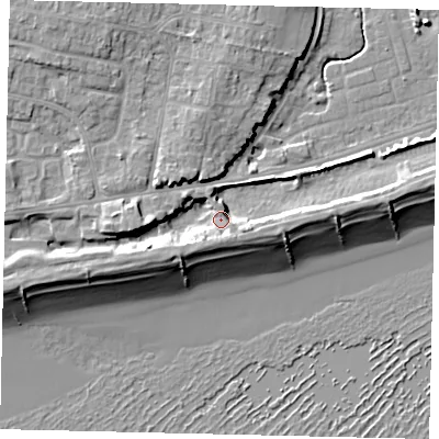 Shaded relief map of the ground around BN158ES, computed from Environment Agency LiDAR. The ground here sits at about 4 m above sea level and falls 11 m across the surrounding 800 m. Surface water reaching this point runs off ground lying to the south-west, 4.4 m higher.