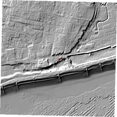 Shaded relief map of the ground around BN158ET, computed from Environment Agency LiDAR. The ground here sits at about 5 m above sea level and falls 12 m across the surrounding 800 m. Surface water reaching this point runs off ground lying to the south, 4.4 m higher.