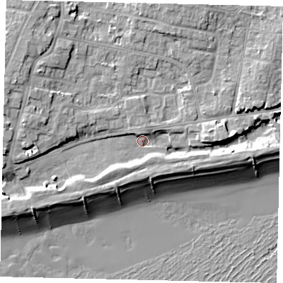 Shaded relief map of the ground around BN158EX, computed from Environment Agency LiDAR. The ground here sits at about 4 m above sea level and falls 12 m across the surrounding 800 m. Surface water reaching this point runs off ground lying to the east-south-east, 4.1 m higher.