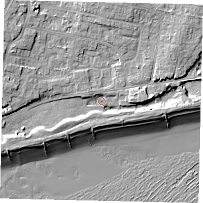 Shaded relief map of the ground around BN158EY, computed from Environment Agency LiDAR. The ground here sits at about 4 m above sea level and falls 12 m across the surrounding 800 m. Surface water reaching this point runs off ground lying to the north-west, 7.3 m higher.