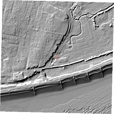 Shaded relief map of the ground around BN158GS, computed from Environment Agency LiDAR. The ground here sits at about 3 m above sea level and falls 12 m across the surrounding 800 m. Surface water reaching this point runs off ground lying to the west-south-west, 6.0 m higher.