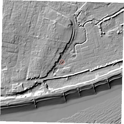 Shaded relief map of the ground around BN158JD, computed from Environment Agency LiDAR. The ground here sits at about 2 m above sea level and falls 12 m across the surrounding 800 m. Surface water reaching this point runs off ground lying to the west-south-west, 6.0 m higher.