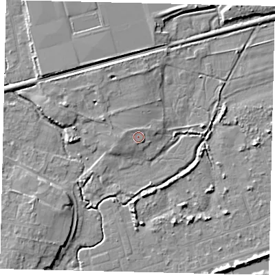 Shaded relief map of the ground around BN158JG, computed from Environment Agency LiDAR. The ground here sits at about 4 m above sea level and falls 7 m across the surrounding 800 m. Surface water reaching this point runs off ground lying to the north-west, 1.5 m higher.