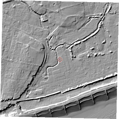 Shaded relief map of the ground around BN158JJ, computed from Environment Agency LiDAR. The ground here sits at about 2 m above sea level and falls 10 m across the surrounding 800 m. Surface water reaching this point runs off ground lying to the south-west, 6.8 m higher.
