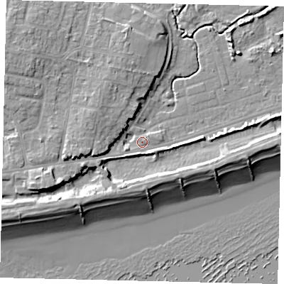 Shaded relief map of the ground around BN158JL, computed from Environment Agency LiDAR. The ground here sits at about 3 m above sea level and falls 12 m across the surrounding 800 m. Surface water reaching this point runs off ground lying to the west, 5.9 m higher.