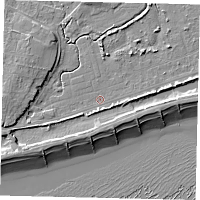 Shaded relief map of the ground around BN158JP, computed from Environment Agency LiDAR. The ground here sits at about 2 m above sea level and falls 11 m across the surrounding 800 m. Surface water reaching this point runs off ground lying to the south-west, 4.5 m higher.
