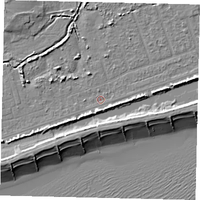Shaded relief map of the ground around BN158JR, computed from Environment Agency LiDAR. The ground here sits at about 2 m above sea level and falls 9 m across the surrounding 800 m. Surface water reaching this point runs off ground lying to the south-west, 3.3 m higher.