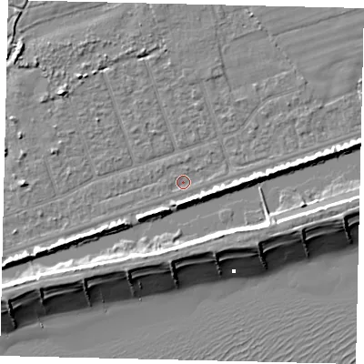 Shaded relief map of the ground around BN158JS, computed from Environment Agency LiDAR. The ground here sits at about 2 m above sea level and falls 10 m across the surrounding 800 m. Surface water reaching this point runs off ground lying to the south-west, 0.6 m higher.