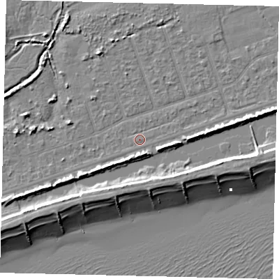 Shaded relief map of the ground around BN158JT, computed from Environment Agency LiDAR. The ground here sits at about 2 m above sea level and falls 9 m across the surrounding 800 m. Surface water reaching this point runs off ground lying to the north-north-east, 0.6 m higher.