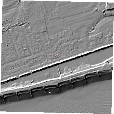 Shaded relief map of the ground around BN158JX, computed from Environment Agency LiDAR. The ground here sits at about 2 m above sea level and falls 10 m across the surrounding 800 m. The ground contributing surface water to this point lies to the south-south-west.