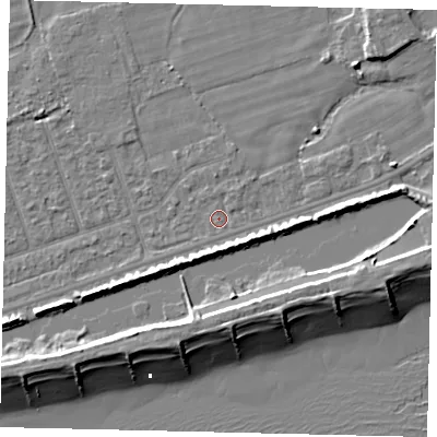 Shaded relief map of the ground around BN158LA, computed from Environment Agency LiDAR. The ground here sits at about 2 m above sea level and falls 10 m across the surrounding 800 m. Surface water reaching this point runs off ground lying to the north-north-east, 0.7 m higher.
