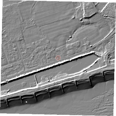 Shaded relief map of the ground around BN158LB, computed from Environment Agency LiDAR. The ground here sits at about 2 m above sea level and falls 10 m across the surrounding 800 m. Surface water reaching this point runs off ground lying to the west-south-west, 3.6 m higher.