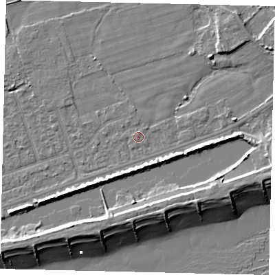Shaded relief map of the ground around BN158LD, computed from Environment Agency LiDAR. The ground here sits at about 2 m above sea level and falls 10 m across the surrounding 800 m. Surface water reaching this point runs off ground lying to the south-south-west, 0.5 m higher.