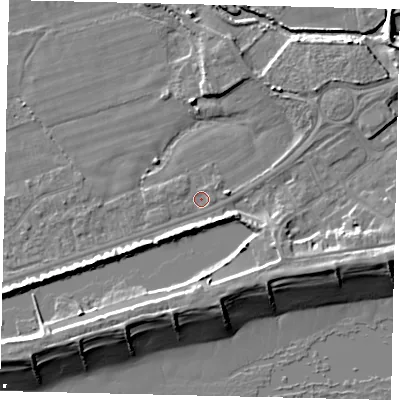 Shaded relief map of the ground around BN158LF, computed from Environment Agency LiDAR. The ground here sits at about 2 m above sea level and falls 10 m across the surrounding 800 m. Surface water reaching this point runs off ground lying to the east-north-east, 1.6 m higher.