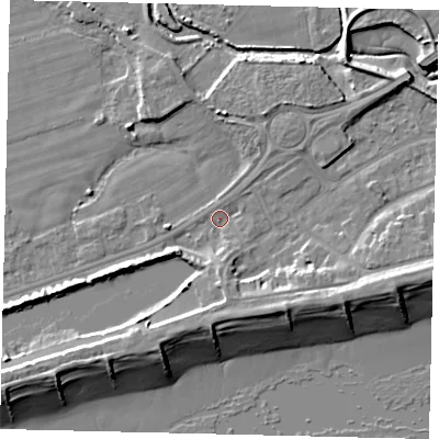 Shaded relief map of the ground around BN158LG, computed from Environment Agency LiDAR. The ground here sits at about 2 m above sea level and falls 10 m across the surrounding 800 m. Surface water reaching this point runs off ground lying to the south-south-east, 5.0 m higher.