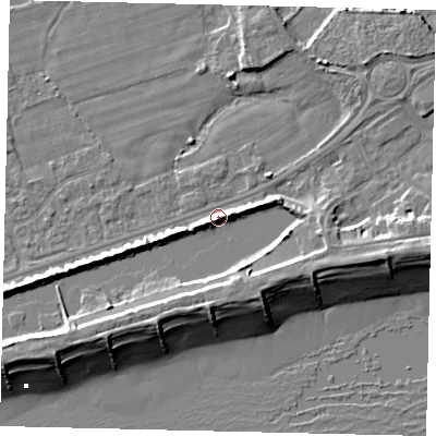 Shaded relief map of the ground around BN158LH, computed from Environment Agency LiDAR. The ground here sits at about 5 m above sea level and falls 10 m across the surrounding 800 m. Surface water reaching this point runs off ground lying to the south-south-west, 4.8 m higher.