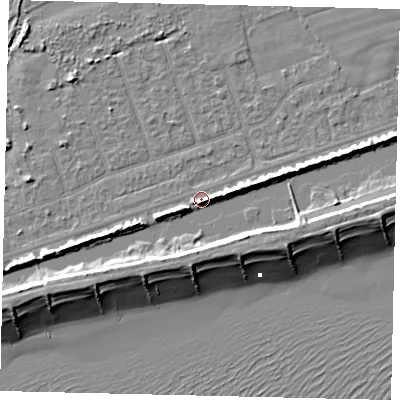 Shaded relief map of the ground around BN158LL, computed from Environment Agency LiDAR. The ground here sits at about 3 m above sea level and falls 10 m across the surrounding 800 m. Surface water reaching this point runs off ground lying to the west-south-west, 4.1 m higher.
