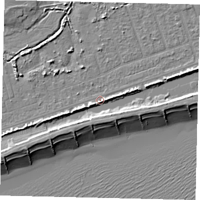 Shaded relief map of the ground around BN158LN, computed from Environment Agency LiDAR. The ground here sits at about 2 m above sea level and falls 9 m across the surrounding 800 m. Surface water reaching this point runs off ground lying to the west-south-west, 4.7 m higher.