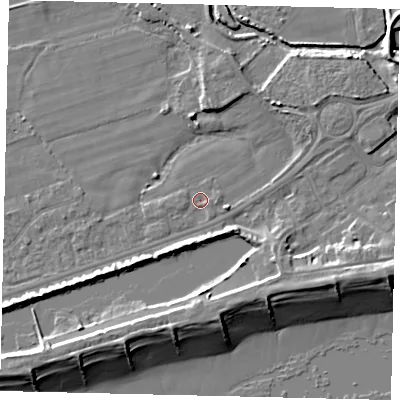 Shaded relief map of the ground around BN158LP, computed from Environment Agency LiDAR. The ground here sits at about 2 m above sea level and falls 10 m across the surrounding 800 m. Surface water reaching this point runs off ground lying to the east-south-east, 1.6 m higher.