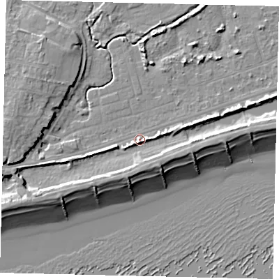 Shaded relief map of the ground around BN158LQ, computed from Environment Agency LiDAR. The ground here sits at about 4 m above sea level and falls 11 m across the surrounding 800 m. Surface water reaching this point runs off ground lying to the south-west, 4.5 m higher.