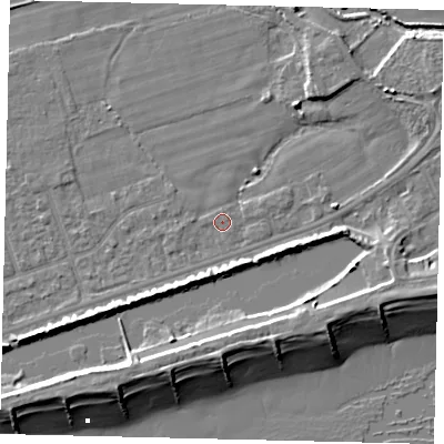 Shaded relief map of the ground around BN158LS, computed from Environment Agency LiDAR. The ground here sits at about 2 m above sea level and falls 10 m across the surrounding 800 m. Surface water reaching this point runs off ground lying to the west-south-west, 3.6 m higher.