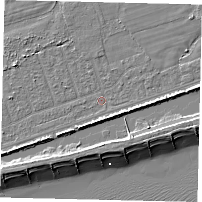 Shaded relief map of the ground around BN158LT, computed from Environment Agency LiDAR. The ground here sits at about 2 m above sea level and falls 10 m across the surrounding 800 m. Surface water reaching this point runs off ground lying to the north-west, 0.7 m higher.