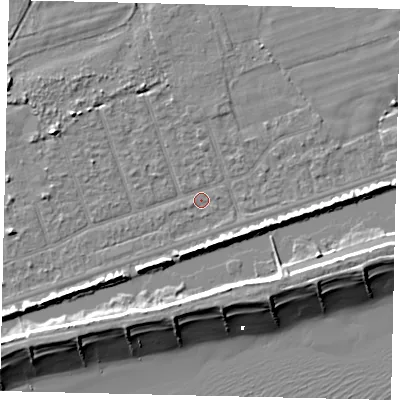 Shaded relief map of the ground around BN158LU, computed from Environment Agency LiDAR. The ground here sits at about 2 m above sea level and falls 10 m across the surrounding 800 m. Surface water reaching this point runs off ground lying to the west-north-west, 3.1 m higher.