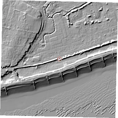 Shaded relief map of the ground around BN158LW, computed from Environment Agency LiDAR. The ground here sits at about 3 m above sea level and falls 11 m across the surrounding 800 m. Surface water reaching this point runs off ground lying to the south-west, 4.5 m higher.