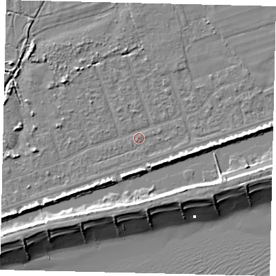 Shaded relief map of the ground around BN158LX, computed from Environment Agency LiDAR. The ground here sits at about 2 m above sea level and falls 9 m across the surrounding 800 m. Surface water reaching this point runs off ground lying to the north-west, 2.5 m higher.