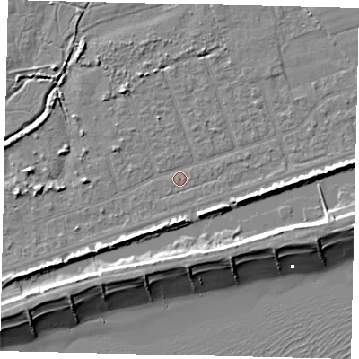 Shaded relief map of the ground around BN158LY, computed from Environment Agency LiDAR. The ground here sits at about 2 m above sea level and falls 9 m across the surrounding 800 m. Surface water reaching this point runs off ground lying to the north-north-west, 2.5 m higher.