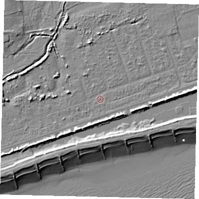 Shaded relief map of the ground around BN158LZ, computed from Environment Agency LiDAR. The ground here sits at about 2 m above sea level and falls 9 m across the surrounding 800 m. Surface water reaching this point runs off ground lying to the north-north-west, 1.2 m higher.