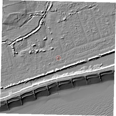 Shaded relief map of the ground around BN158NA, computed from Environment Agency LiDAR. The ground here sits at about 2 m above sea level and falls 9 m across the surrounding 800 m. Surface water reaching this point runs off ground lying to the south-west, 0.8 m higher.