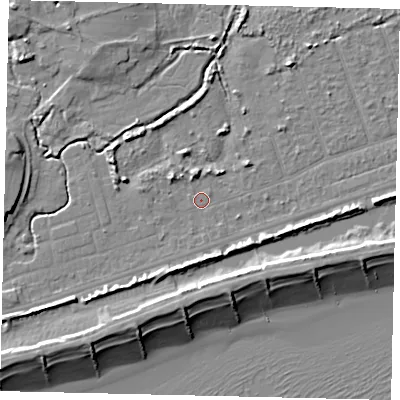 Shaded relief map of the ground around BN158NB, computed from Environment Agency LiDAR. The ground here sits at about 2 m above sea level and falls 9 m across the surrounding 800 m. Surface water reaching this point runs off ground lying to the south-south-west, 4.5 m higher.